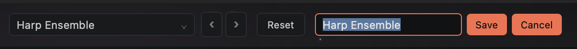 The preset bar: a preset menu reading Harp Ensemble, back and forward arrows, a Reset button, and a save field with the name Harp Ensemble already filled in and selected, beside Save and Cancel buttons.