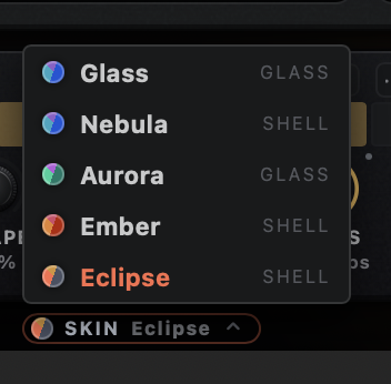 The open SKIN menu listing Glass, Nebula, Aurora, Ember and Eclipse, each with a two-tone colour dot and a label reading GLASS or SHELL. Eclipse is selected.