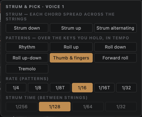 The Strum and Pick dialog for Voice 1. Strum down, up and alternating; pattern buttons including Rhythm, Roll up, Roll down, Roll up-down, Thumb and fingers, Forward roll and Tremolo; a rate row from one-quarter to one-thirty-second with 1/16 selected; and a strum time row with 1/128 selected.