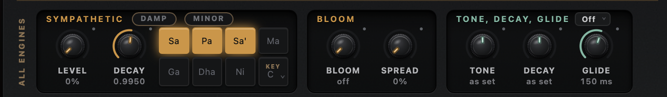 The All Engines band, running the full width of the panel. Three groups: Sympathetic with Level and Decay knobs, Damp and Minor toggles and a row of sargam note buttons with a Key selector; Bloom with Bloom and Spread knobs; and Tone, Decay, Glide with three knobs and a Glide mode menu set to Off.